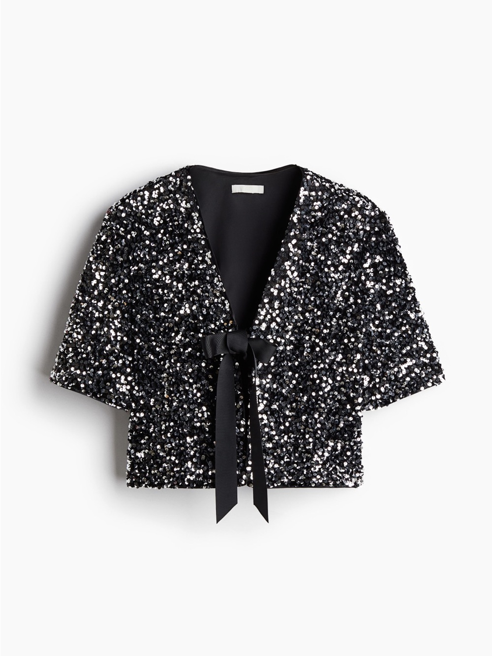 H&M Black Sequin Tie-Front Crop Blouse